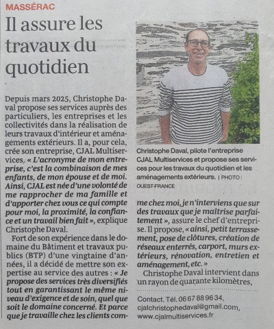 photo d'un article de Ouest France sur l'entreprise cjal multiservices